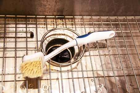 scrub brush in kitchen sink