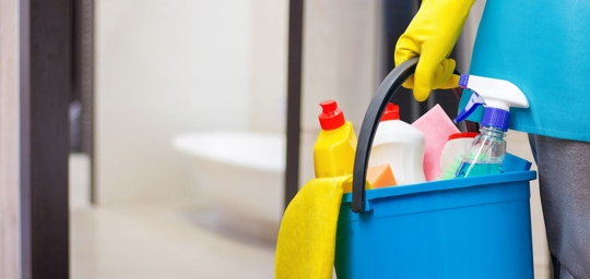 woman carrying bucket of cleaning products