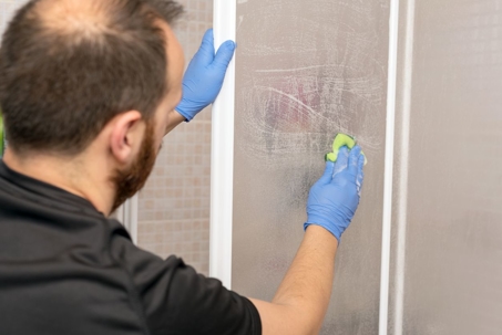 man cleaning shower door with sponge