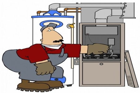 cartoon of a technician repairing a furnace