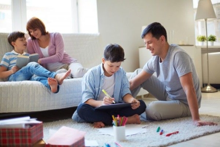 family hanging out in living room