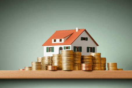mini house surrounded by stacks of coins